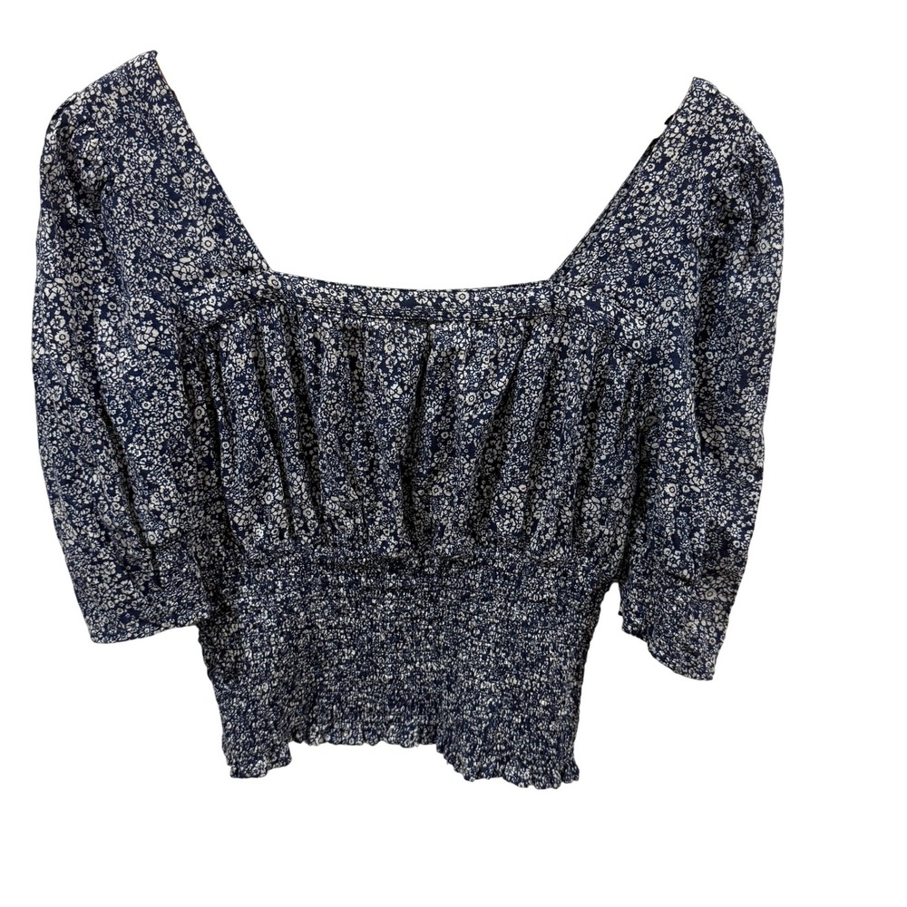 Universal‎ Thread Navy Blue White Floral Smocked Puff Sleeve Crop Top Blouse M
